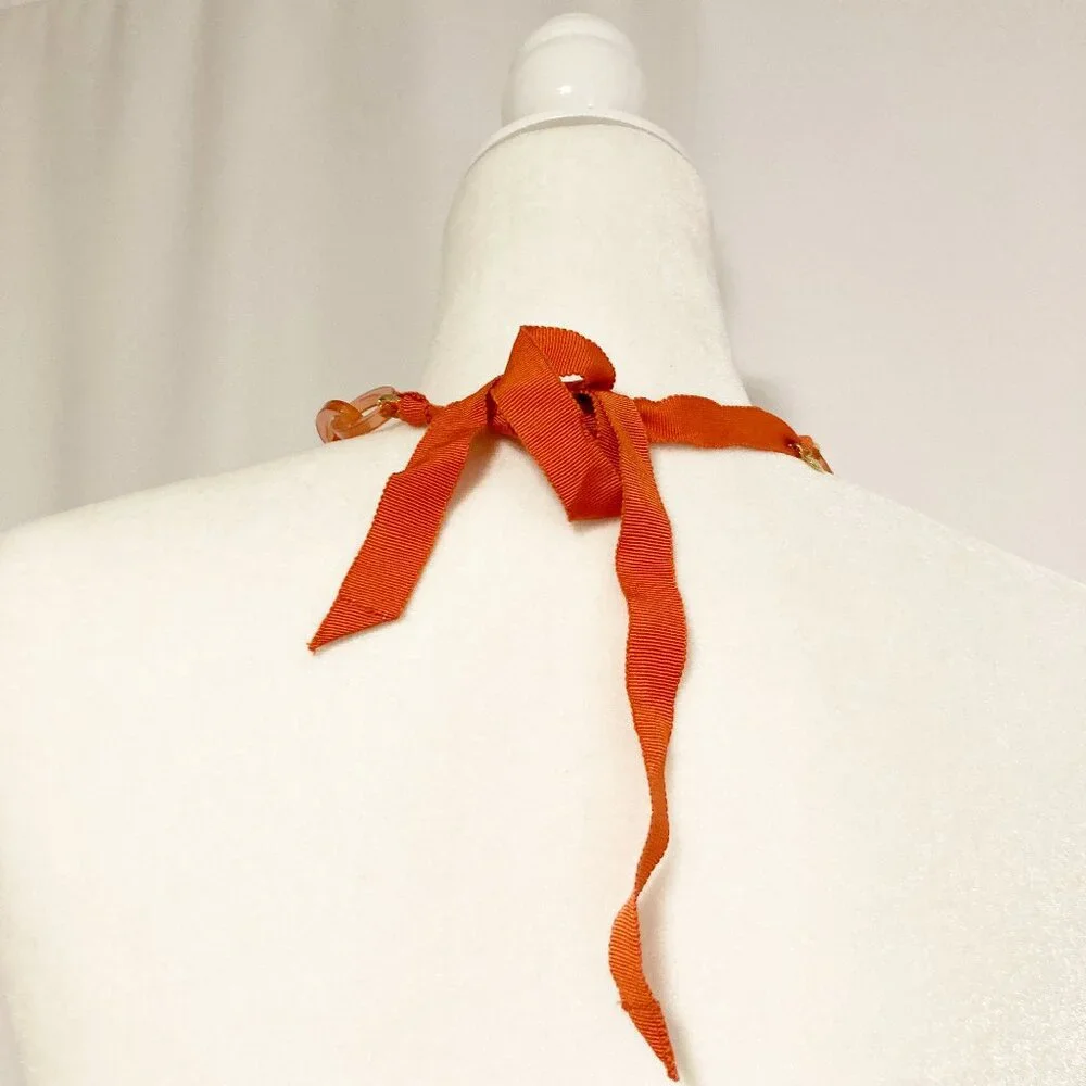 J. Crew Coral Orange Acrylic Link Statement Necklace Gold Tone Ribbon Tie